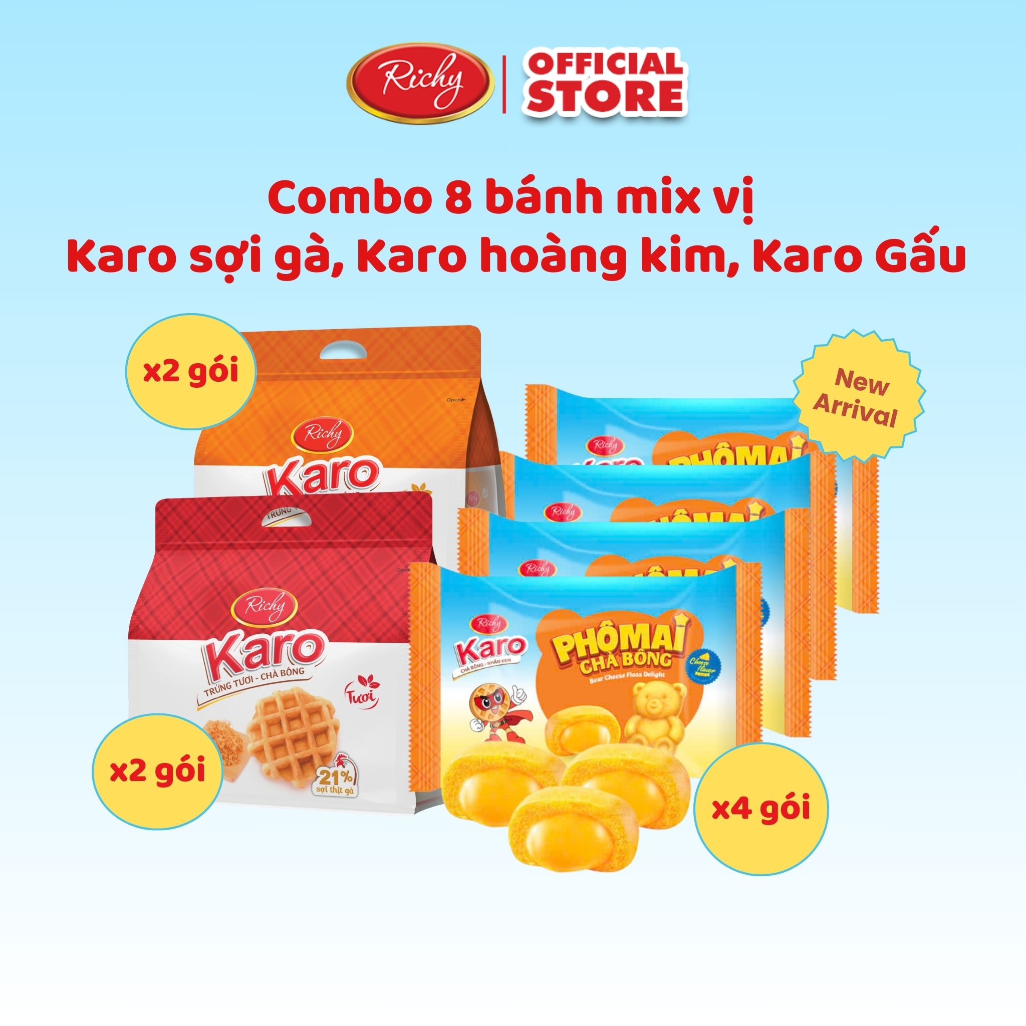 [NEW] Combo 8 bịch bánh Karo Gấu mix vị 4 bánh Karo sợi gà hoàng kim 4 bánh Karo Gấu chà bông nhân p