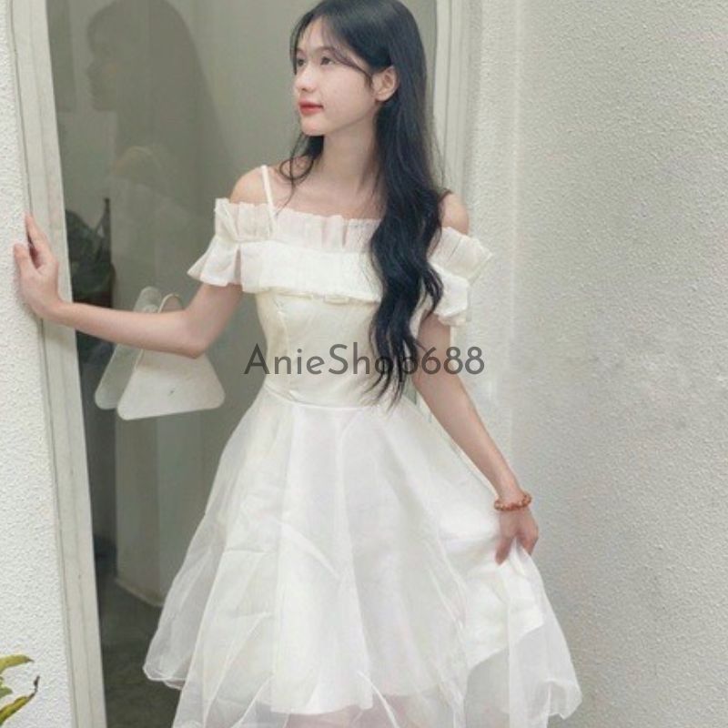 Đầm voan vắt vai công chúa màu trắng tinh cho bé gái dự tiệc đi chơi đi múa
