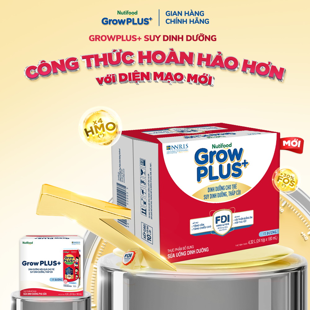 Thùng 48 hộp Sữa Nước Nutifood GrowPLUS+ Suy Dinh Dưỡng (Đỏ) - Hỗ trợ tăng cân tăng chiều cao Ít đường 180ml - Trên 1 tuổi (Bao bì tùy đợt nhập hàng)