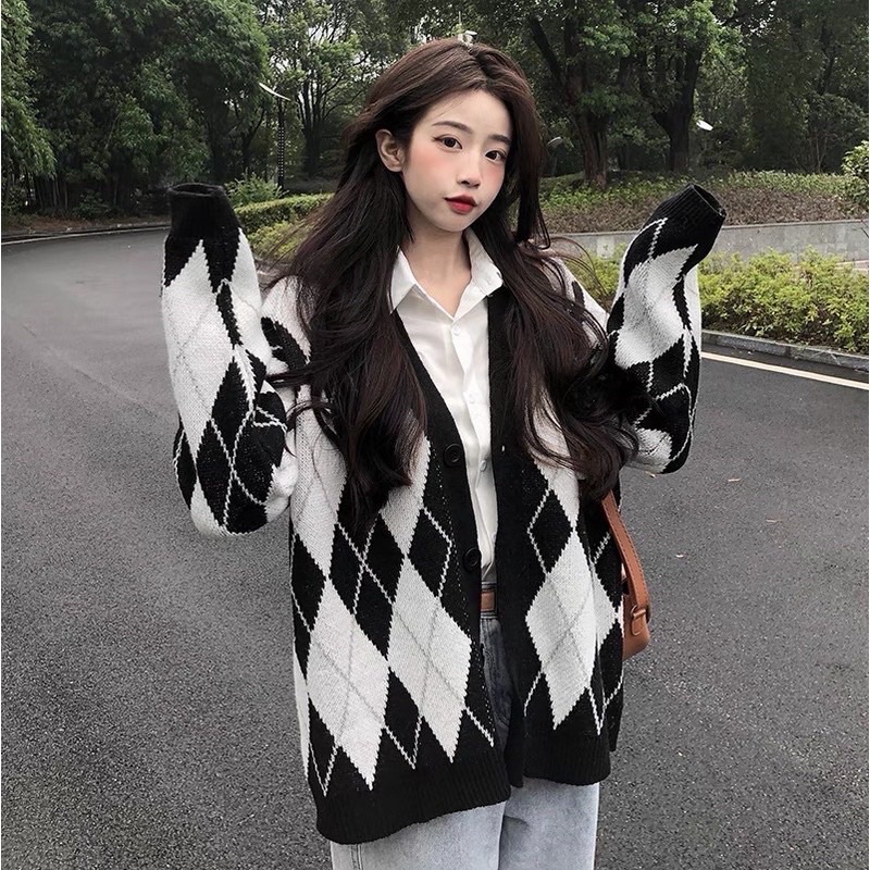 [Free clothing] Áo khoác len kiểu nữ quảng châu cardigan nữ tay dài cardigan bigsize Form Rộng Đen H