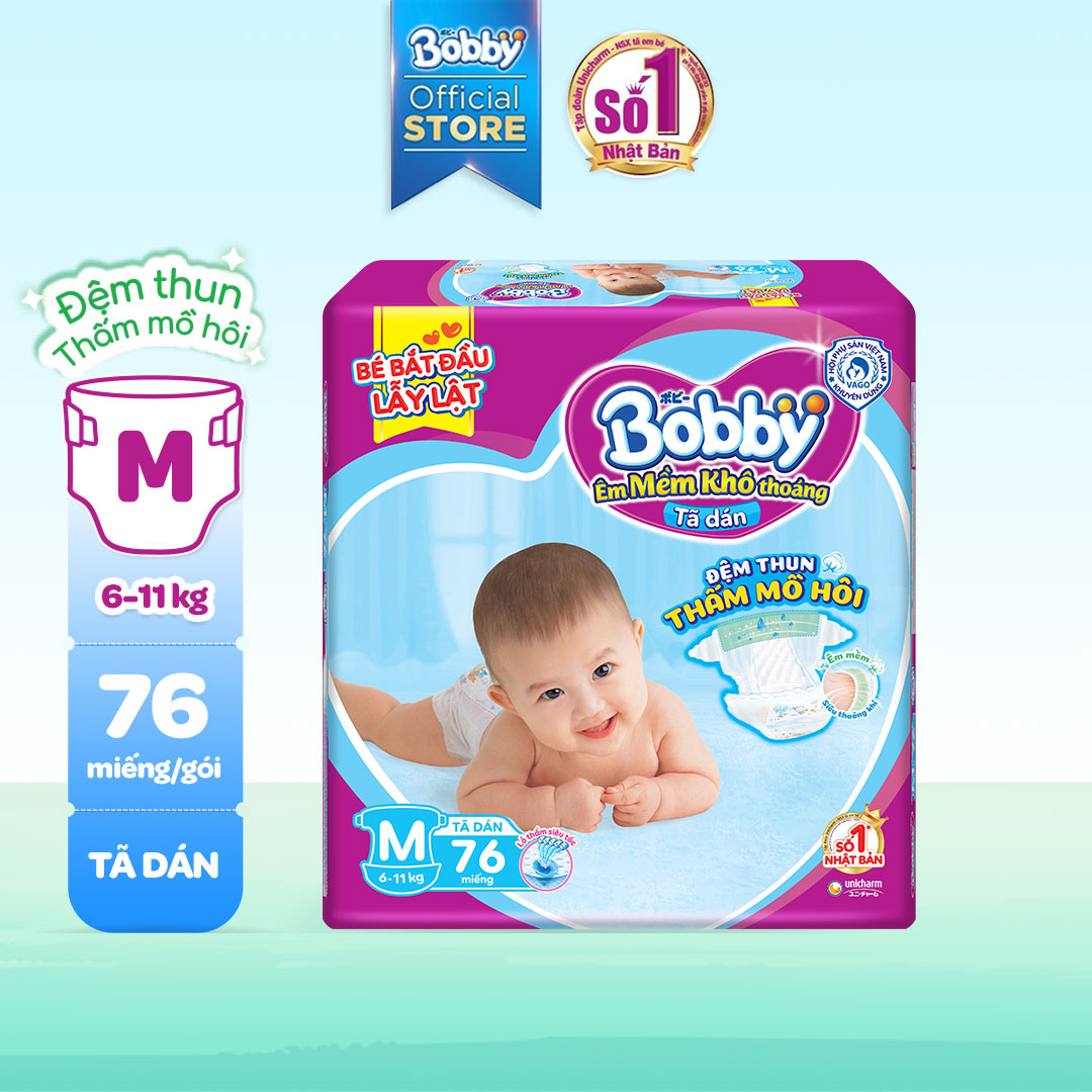 [SALE CUỐI THÁNG QUÀ TO]Tã dán Bobby Lõi nén thần kì 3mm Siêu khô thoáng M76 - 76 miếng