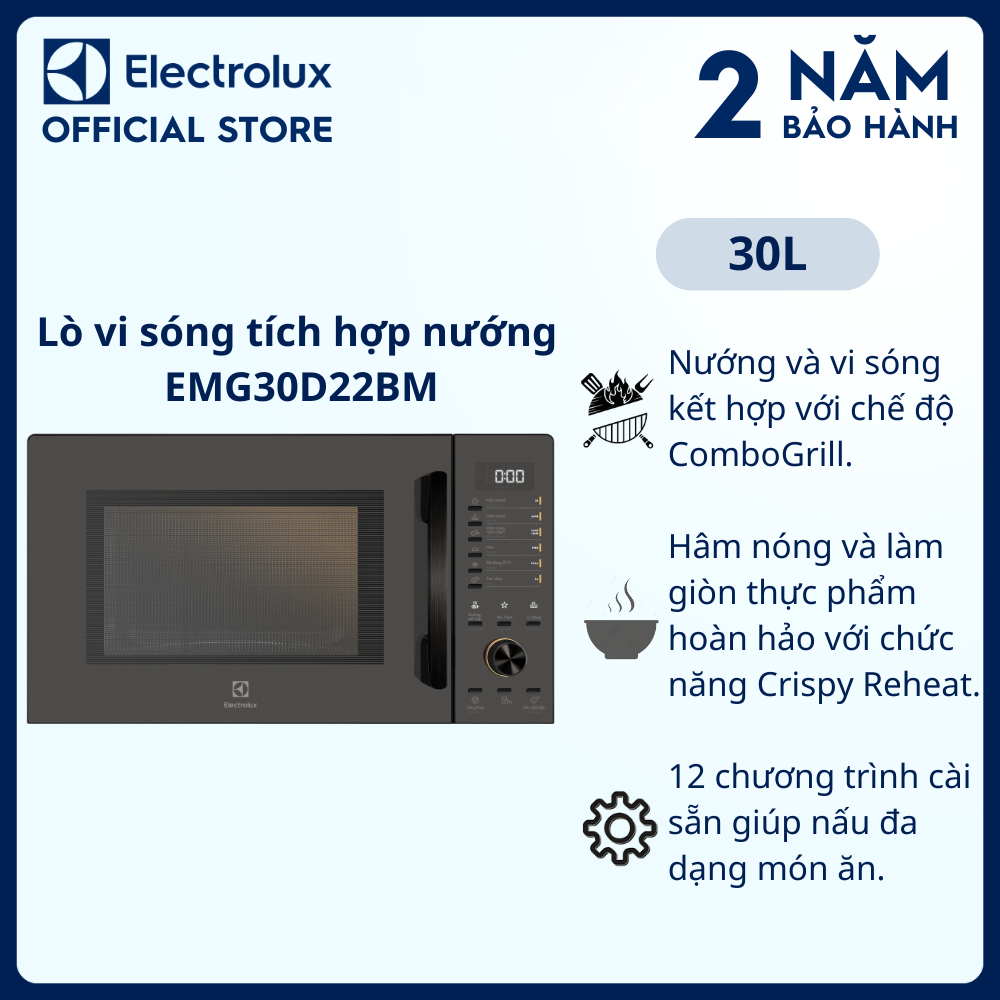 Lò vi sóng để bàn Electrolux tích hợp nướng đối lưu 30L UltimateTaste 500 EMG30D22BM 12 chương t