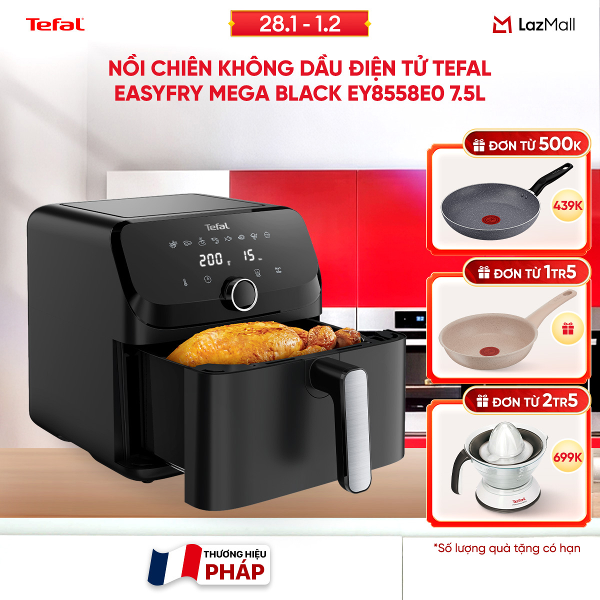 [SIÊU SALE TẾT 15.1 - 10.2] Nồi chiên không dầu điện tử Tefal EasyFry Mega Black EY8558E0 7.5L