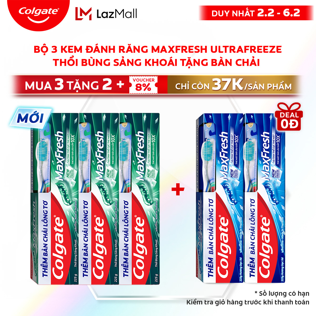 [Chỉ 2-6.2_Mua 3 tặng 2 | Chỉ còn 37K/tuýp]Bộ 3 Kem đánh răng Colgate MaxFresh 225g/tuýp tặng bàn ch