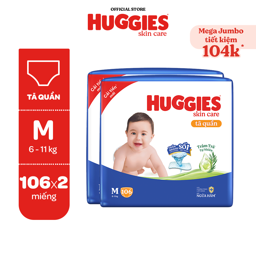 Combo 2 gói Tã/ bỉm quần Huggies Skincare Mega Jumbo M106/L100+4/XL84+4/XXL76+4 với tràm trà dịu da
