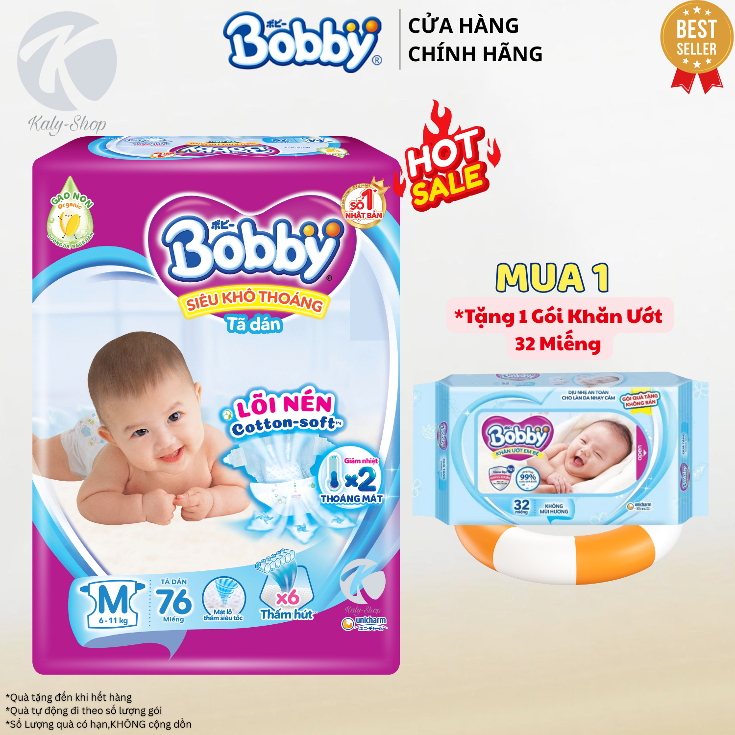 Tã Dán Bobby Size M76 Miếng Dành Cho Bé Sơ Sinh 6–11kg