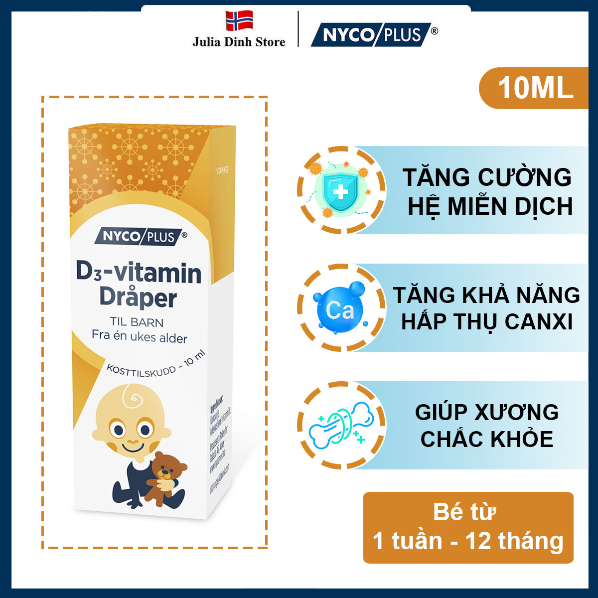 Vitamin D3 drop dạng giọt NYCOPLUS Na Uy cho bé từ 1 tuần tuổi (10ml)