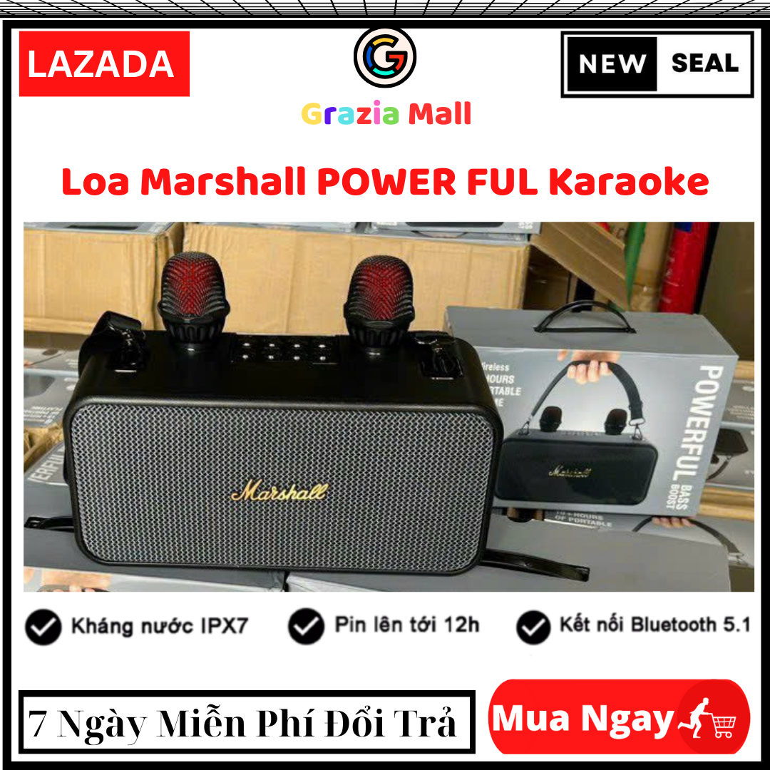 Loa Bluetooth Marshall POWER FUL Karaoke Tặng Kèm Míc Công Suất Lớn Loa Không Dây Đài FM Kèm Micro Máy Hát Karaoke KTV Gia Đình Sách Tay Du Lịch Thiết kế thời trang