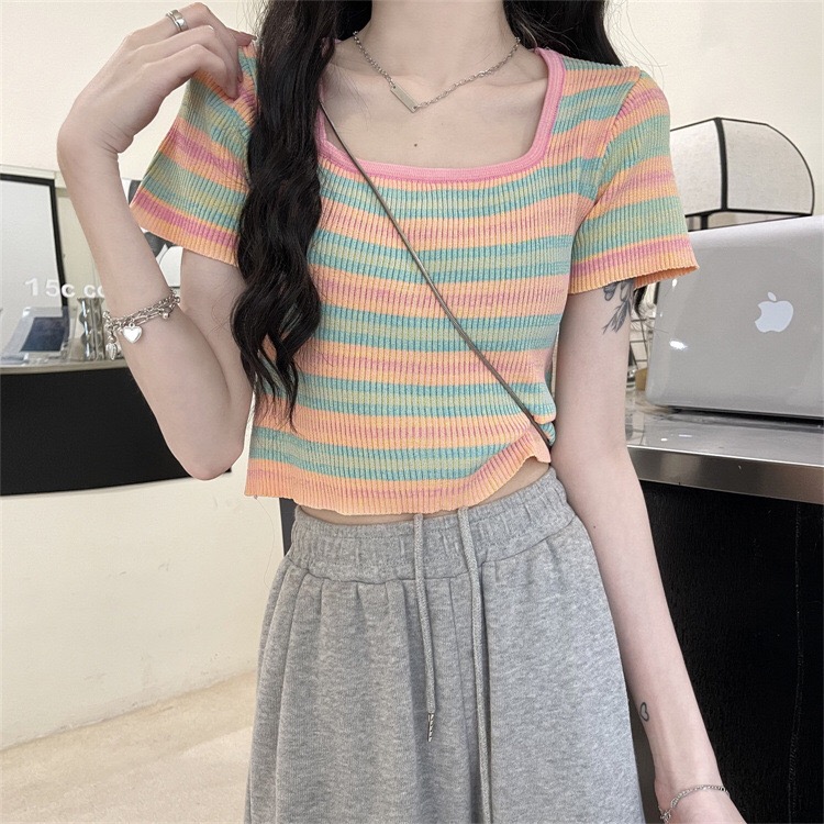 áo croptop dệt kim len nữ tay ngắn cổ vuông phối màu thiết kế Quảng Châu trẻ trung phong cách