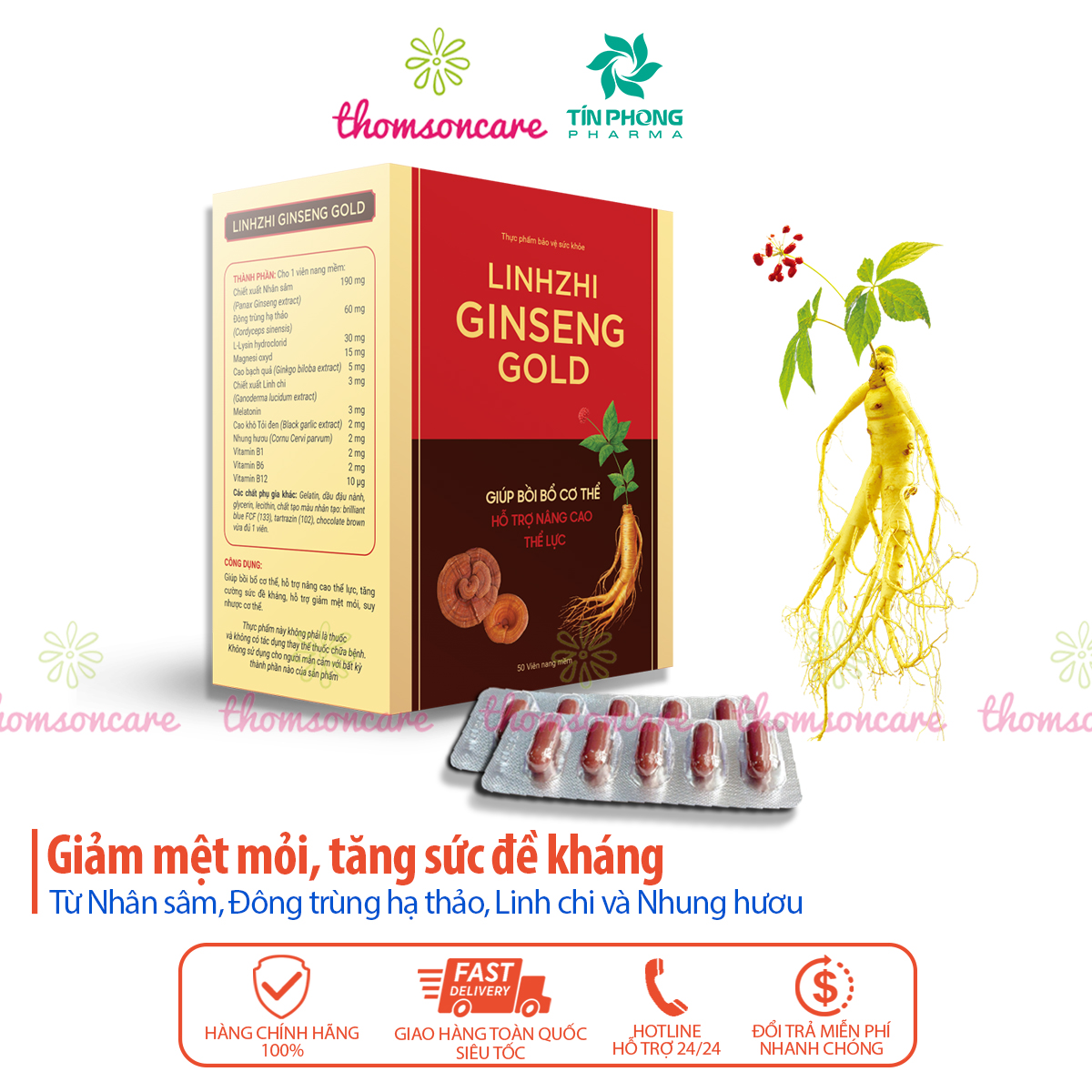 Tăng sức đề kháng giảm mệt mỏi từ Nhân sâm linh chi và đông trùng hạ thảo – Linhzchi Ginseng Gold – Hộp 50 viên nang giúp ngủ ngon cho người cao tuổi