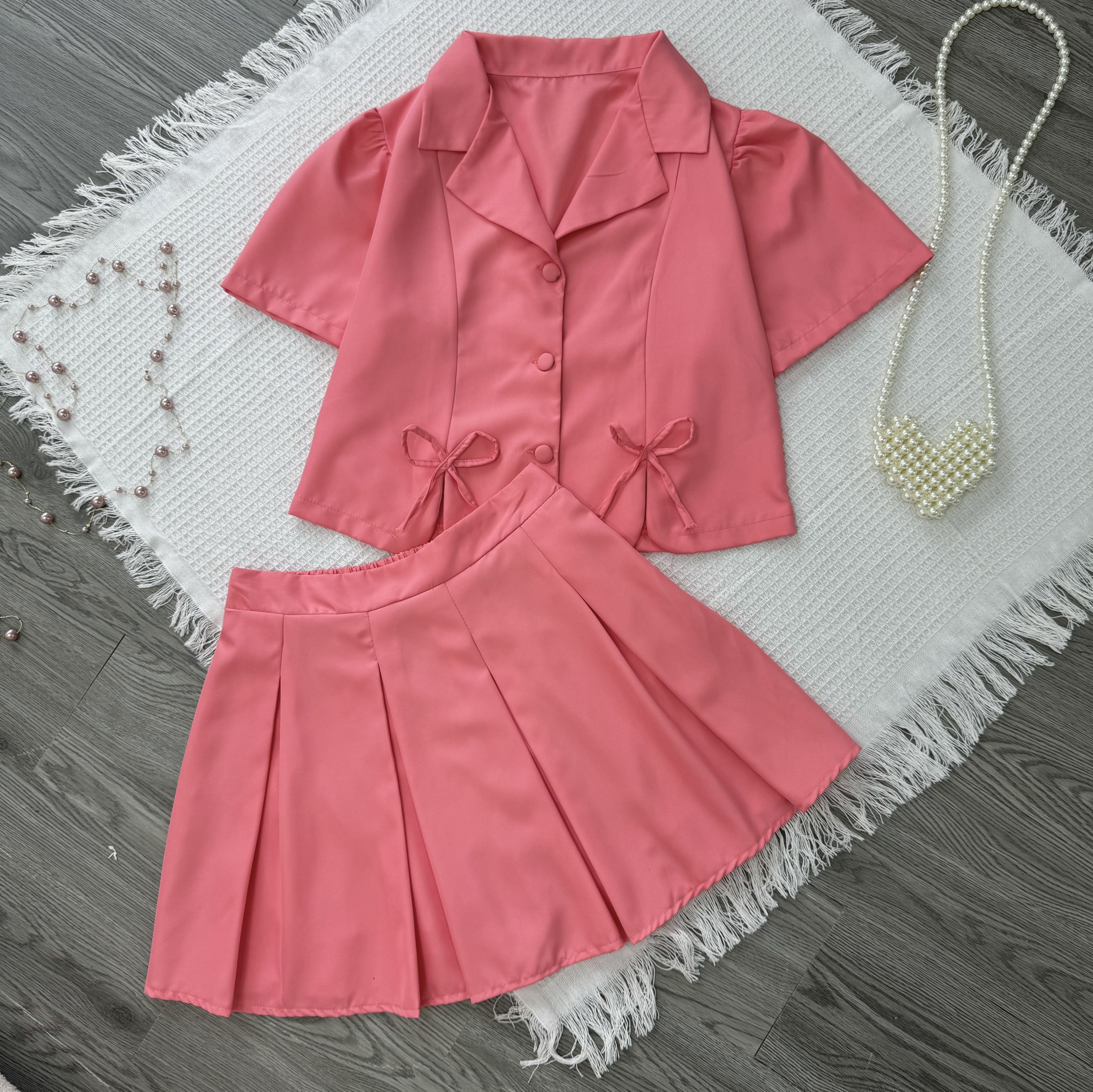 Set đồ tiểu thư BIGSIZE CÔ NHỎ áo sơ mi tay bồng croptop kèm chân váy xếp ly dáng chữ A xòe chất vải