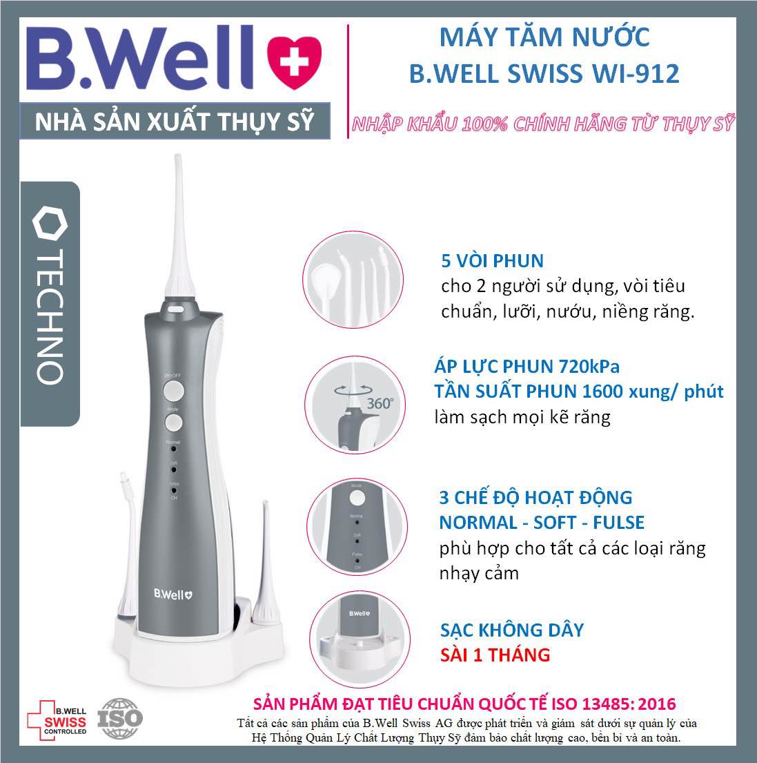 Tăm Nước B.well Wi - 912 Phiên Bản Cải Tiến 5 Đầu 3 Chế Độ Phun - Bình Xịt Vệ Sinh Răng