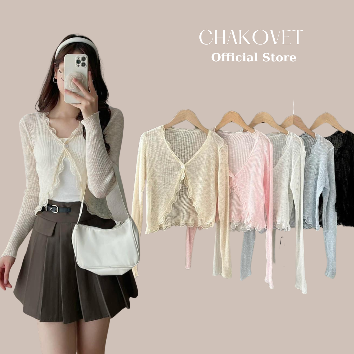 Áo khoác cardigan nữ mỏng dài tay Chakovet áo len nữ tay dài khoác ngoài cổ V màu hồng kem trắng xan