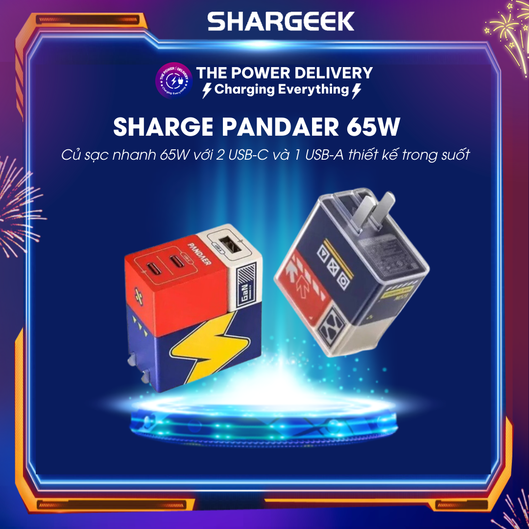 Củ sạc nhanh Sharge Shargeek Pandaer PTC01 65W 2C1A hỗ trợ PD/PPS thiết kế trong suốt lạ mắt nhiều m