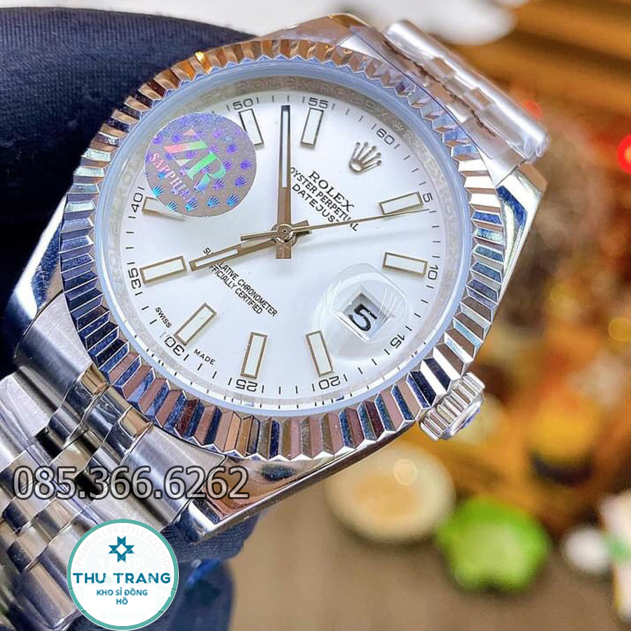 Đồng hồ Rolex Nam Đồng hồ cơ Automatic máy nhật mẫu classic mặt trắng viền trắng dây kim loại size  40mm