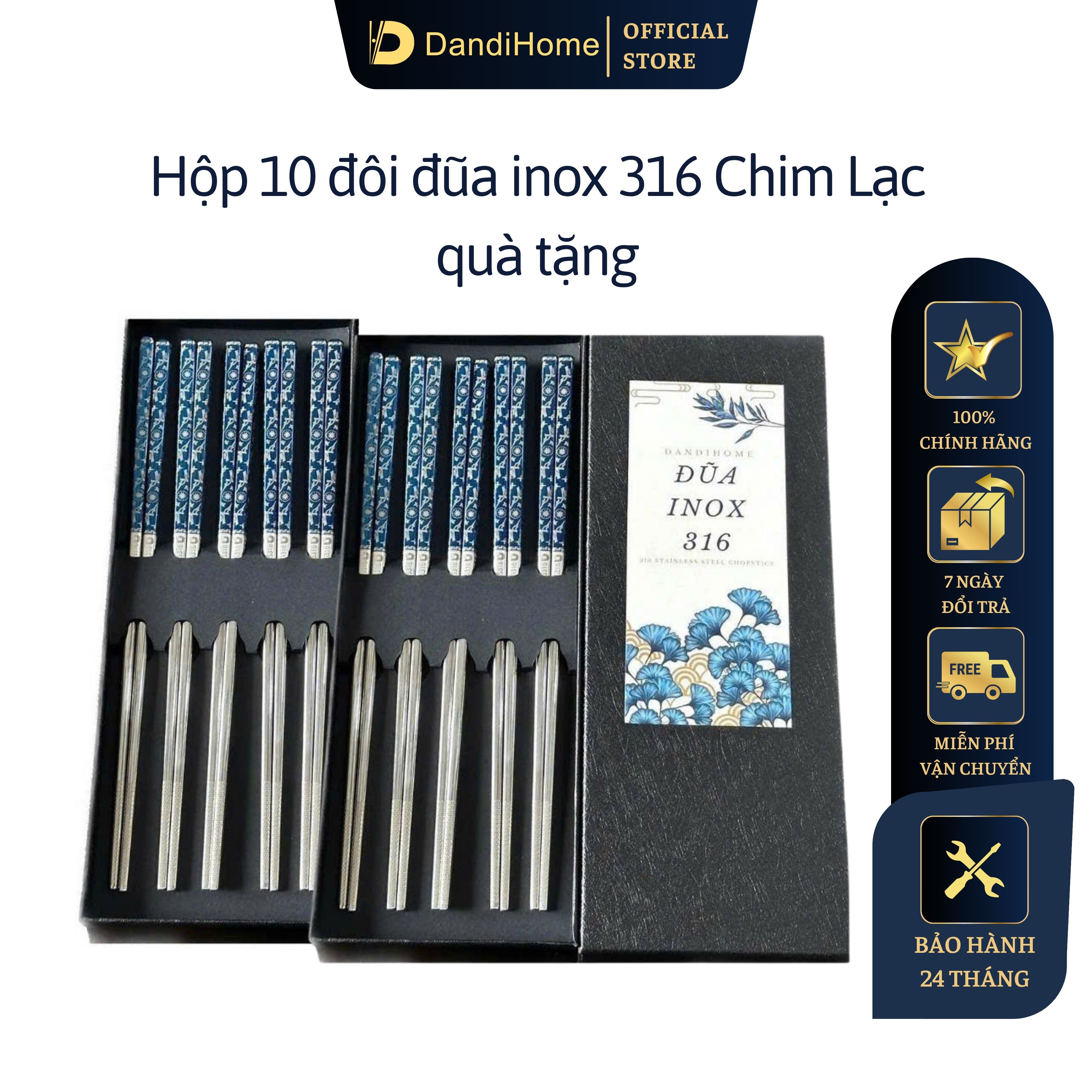 Bộ đũa inox 304 - 316 DandiHome 2020 chống trơn trượt sang trọng tinh tế