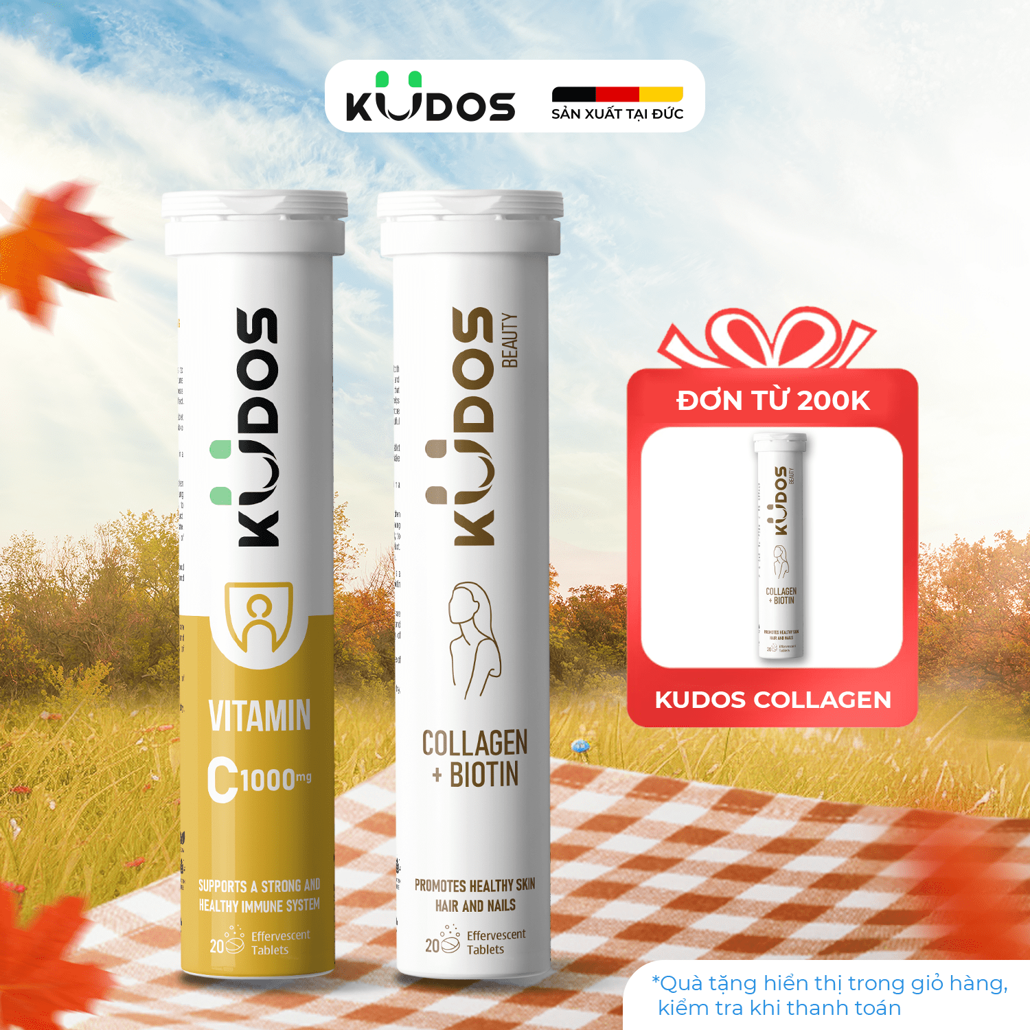 Combo Thực phẩm bảo vệ sức khỏe KUDOS VITAMIN C 1000MG + KUDOS BEAUTY COLLAGEN + BIOTIN (20 viên/Tuý