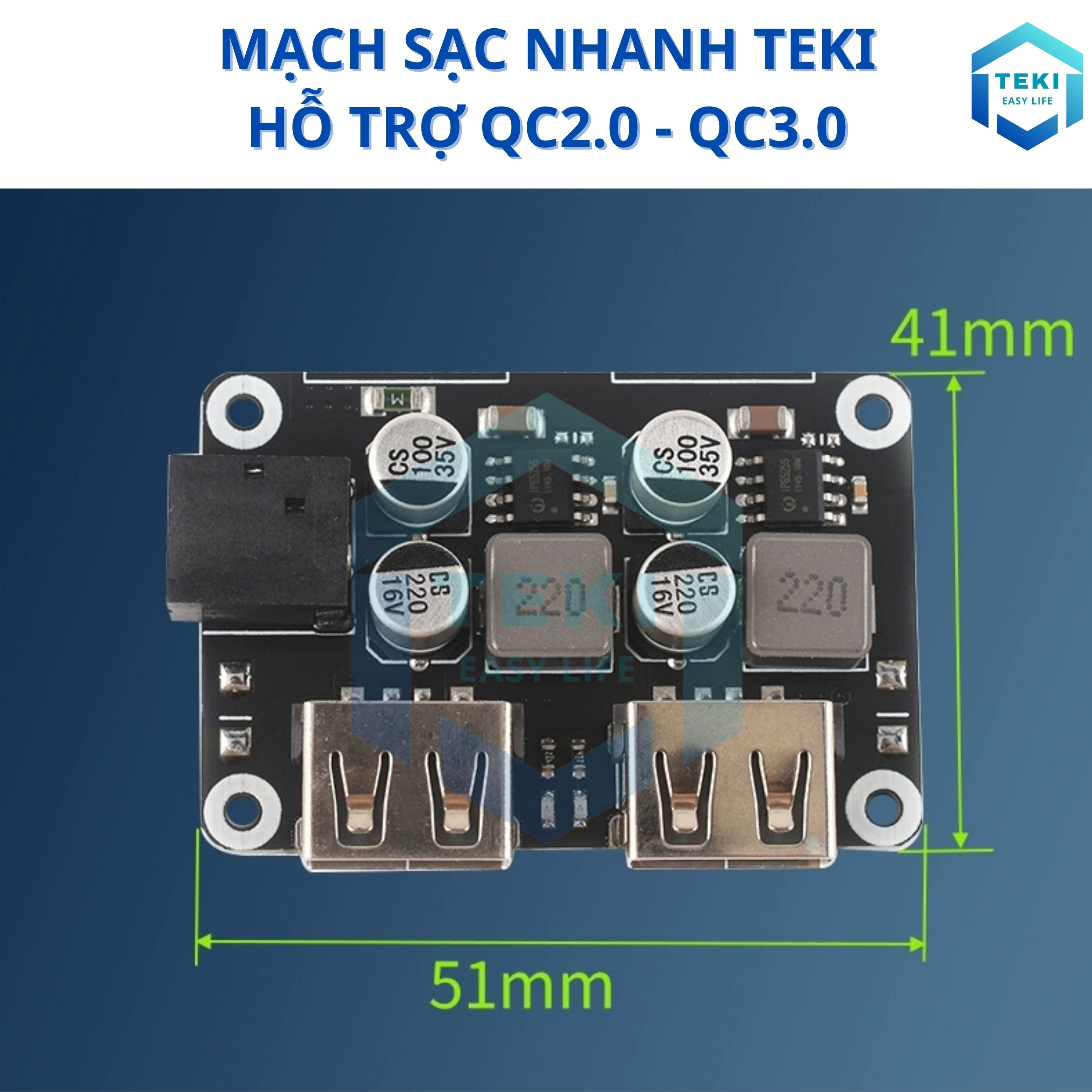 Mạch Sạc Nhanh TEKI Hỗ Trợ QC2.0 - QC3.0 Đầu Vào 6~32V Jack tròn DC 5.5x2.1 Đầu Ra 2 Cổng USB 5V-18W