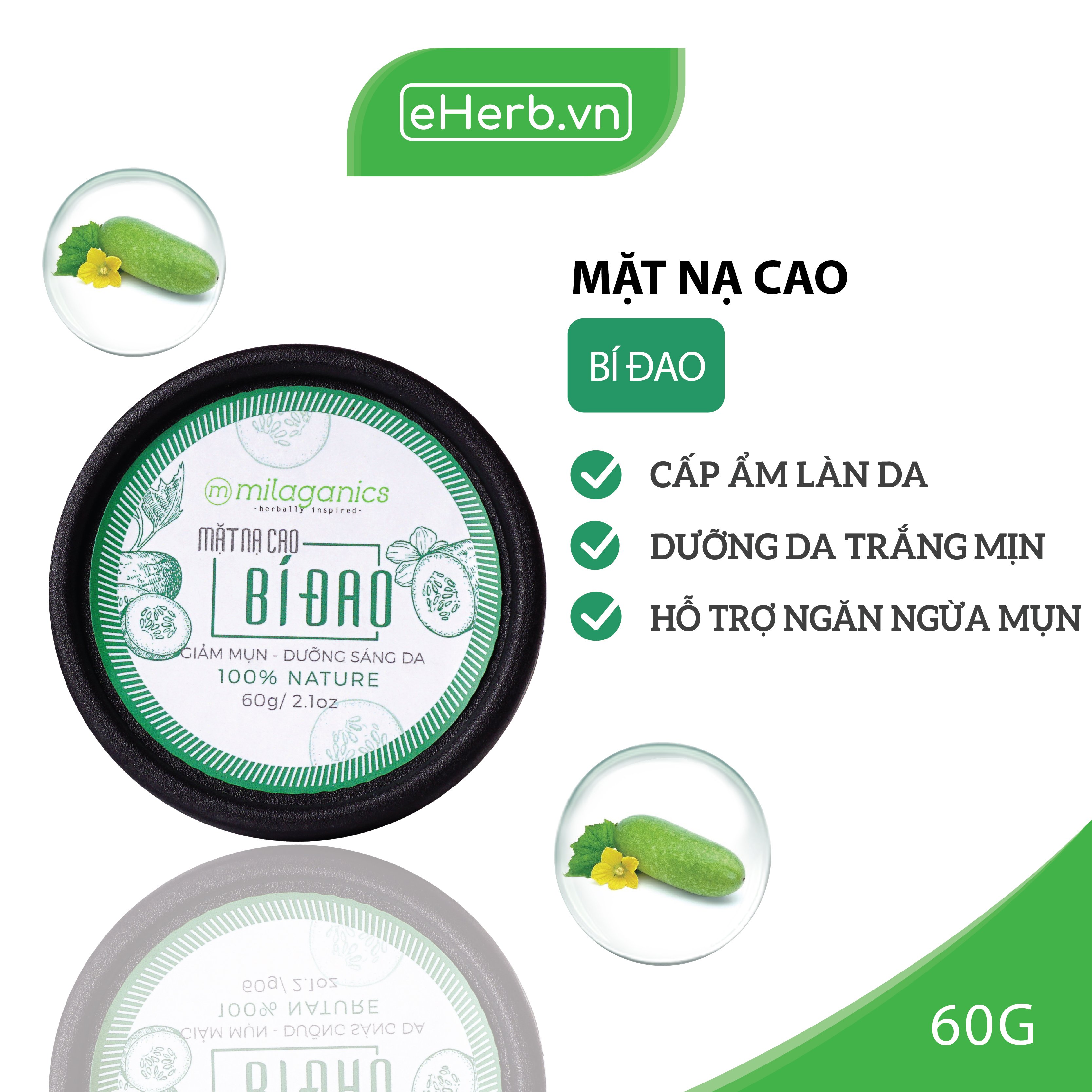 Cao Bí Đao Tươi Đắp Mặt Nạ Ngăn Ngừa Mụn & Hỗ Trợ Đẩy Nhân Mụn Milaganics 60G (Hũ)