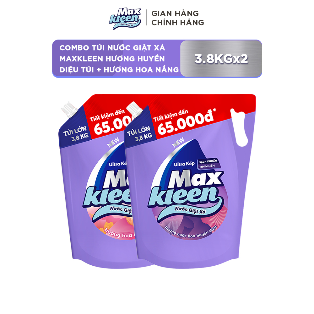 [TRỢ GIÁ CHỈ CÒN 282K] Combo Túi Nước Giặt Xả MaxKleen Hương Huyền Diệu Túi 3.8kg + Hương Hoa Nắng 3