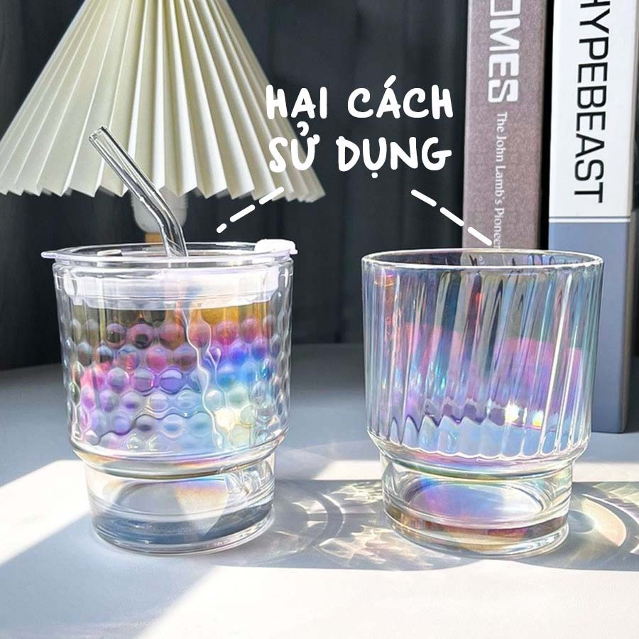 Ly Thuỷ Tinh Hoạ Tiết Cầu Vồng Thể Tích 350ML. kèm ống hút Thuỷ Tinh