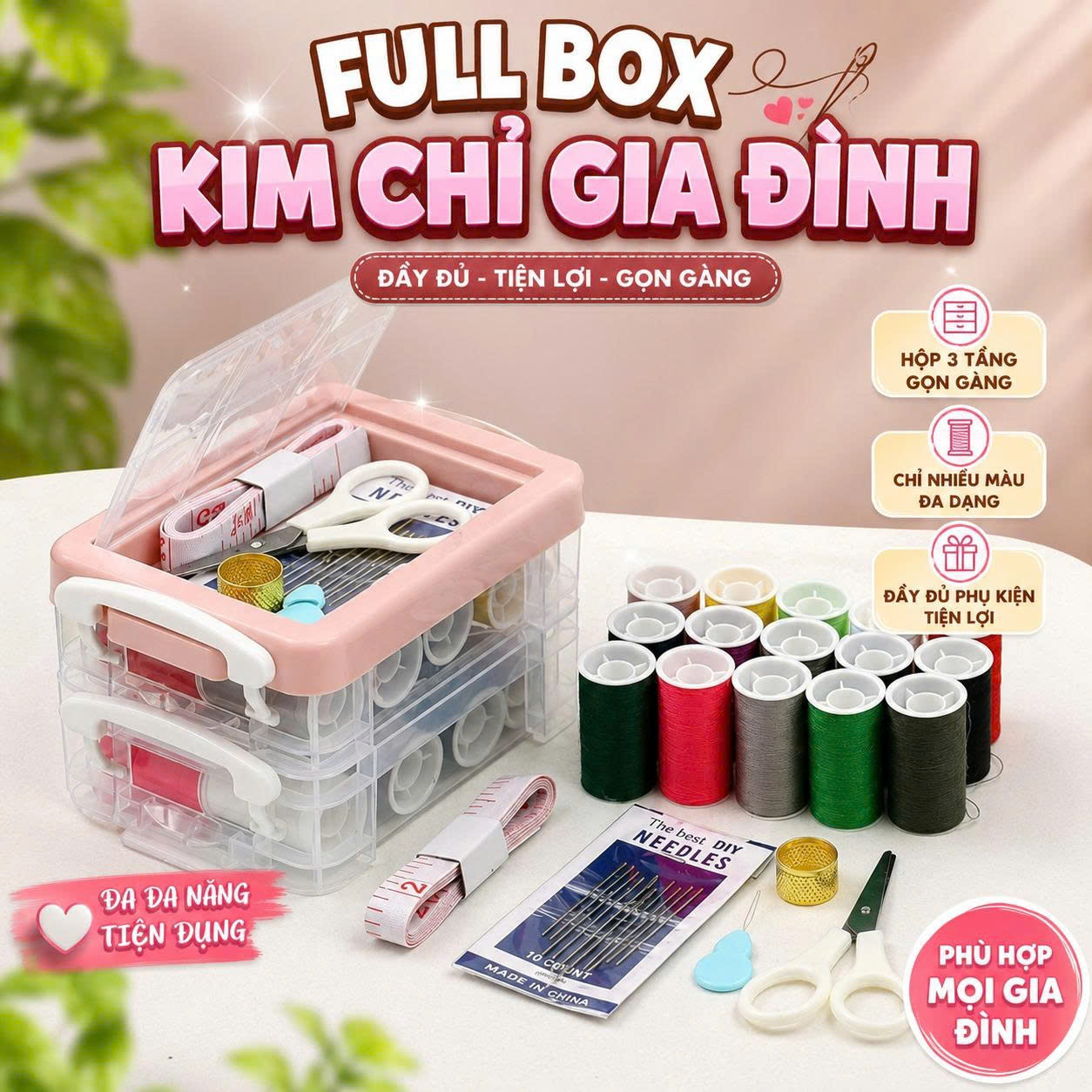 Hộp Kim Chỉ Đa Năng Hộp Kim Chỉ May Vá Hộp Kim Chỉ 3 Tầng Đi Kèm 16 cuộn chỉ kim chỉ gia đình kim chỉ kim chỉ đa năng kim chỉ may vá