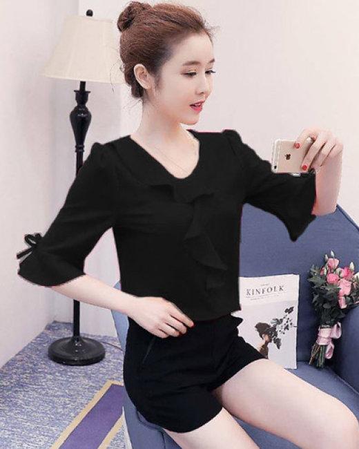 Áo sơ mi nữ tay lỡ kiểu cổ bèo tay đính nơ