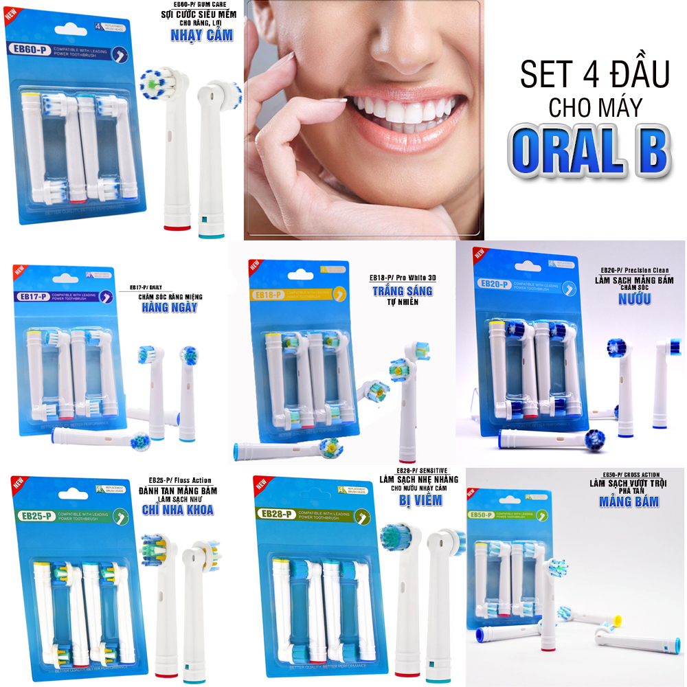 Set Bộ 4 Đầu Bàn Chải Đánh Răng Điện Máy Oral B Braun Chăm Sóc Răng Miệng Toàn Diện Minh House Eb