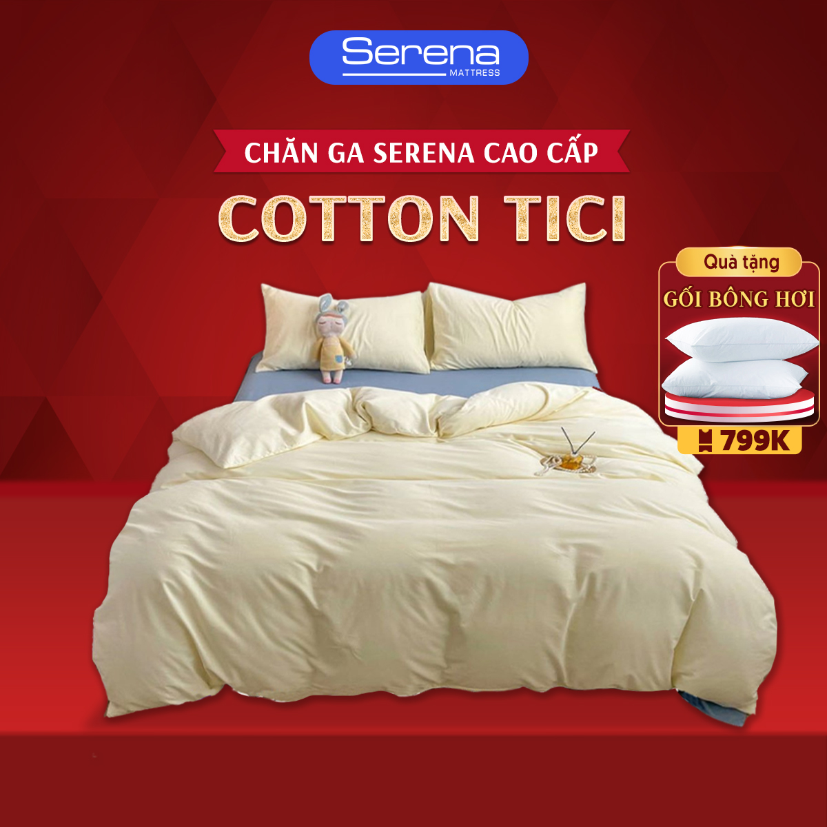 Bộ chăn ga gối đệm 5 món đẹp cotton tici SERENA chính hãng set combo chăn ra ga grap drap kèm gối nệ
