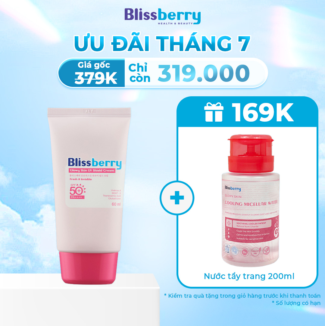 Kem chống nắng mỏng nhẹ chống ánh sáng xanh Blissberry Glowy Skin UV Shield Cream SPF50+ PA ++++ 60m