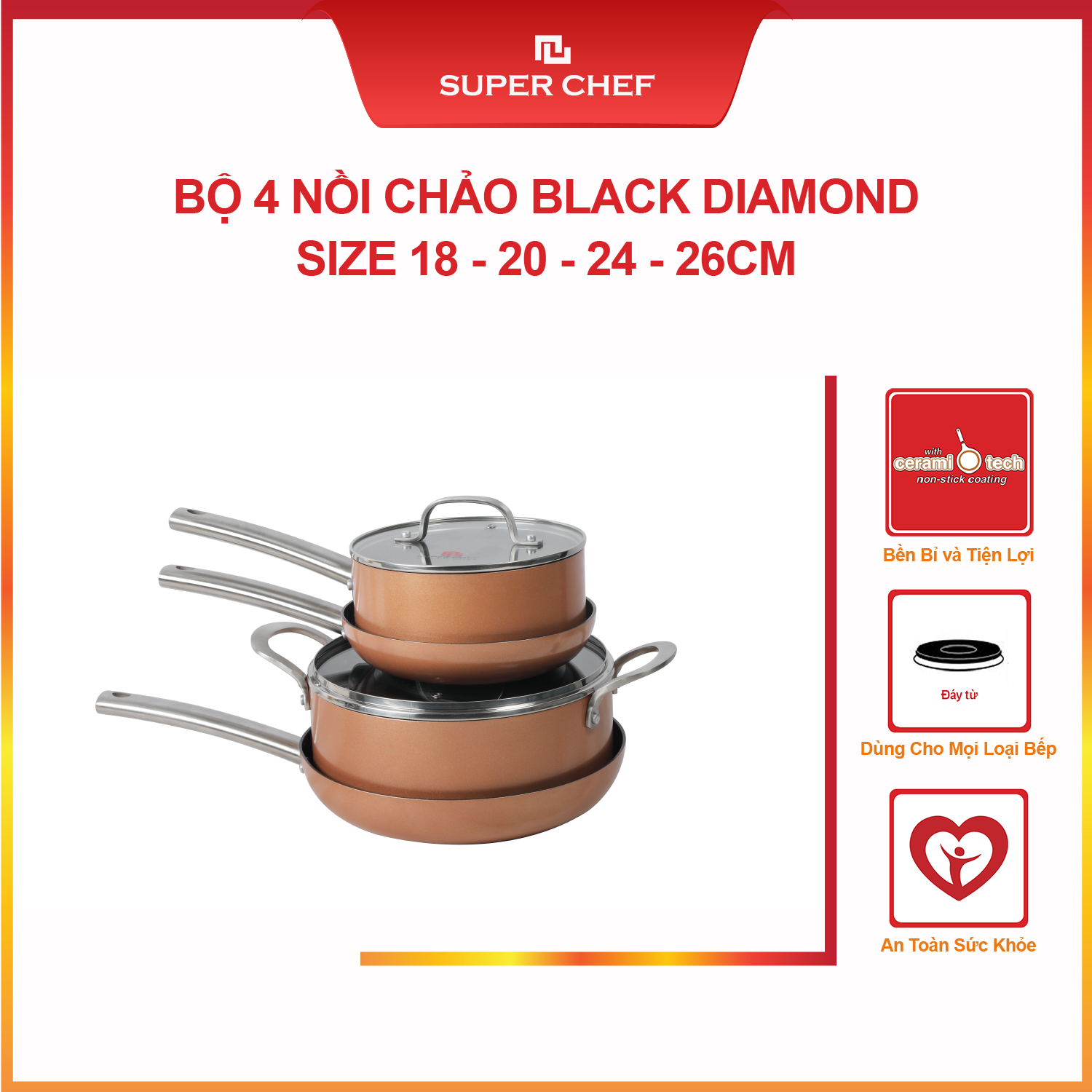 Bộ 4 Nồi Chảo Chống Dính Bếp Từ SUPER CHEF Cao Cấp Tráng Men Black-Diamond 18-20-24-26cm