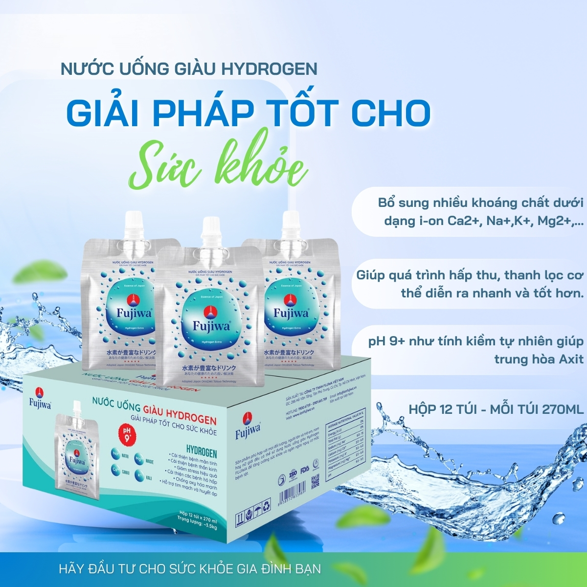 Nước Uống Ion Kiềm Giàu Hydrogen Fujiwa - Hộp 12 Bịch x 270ml