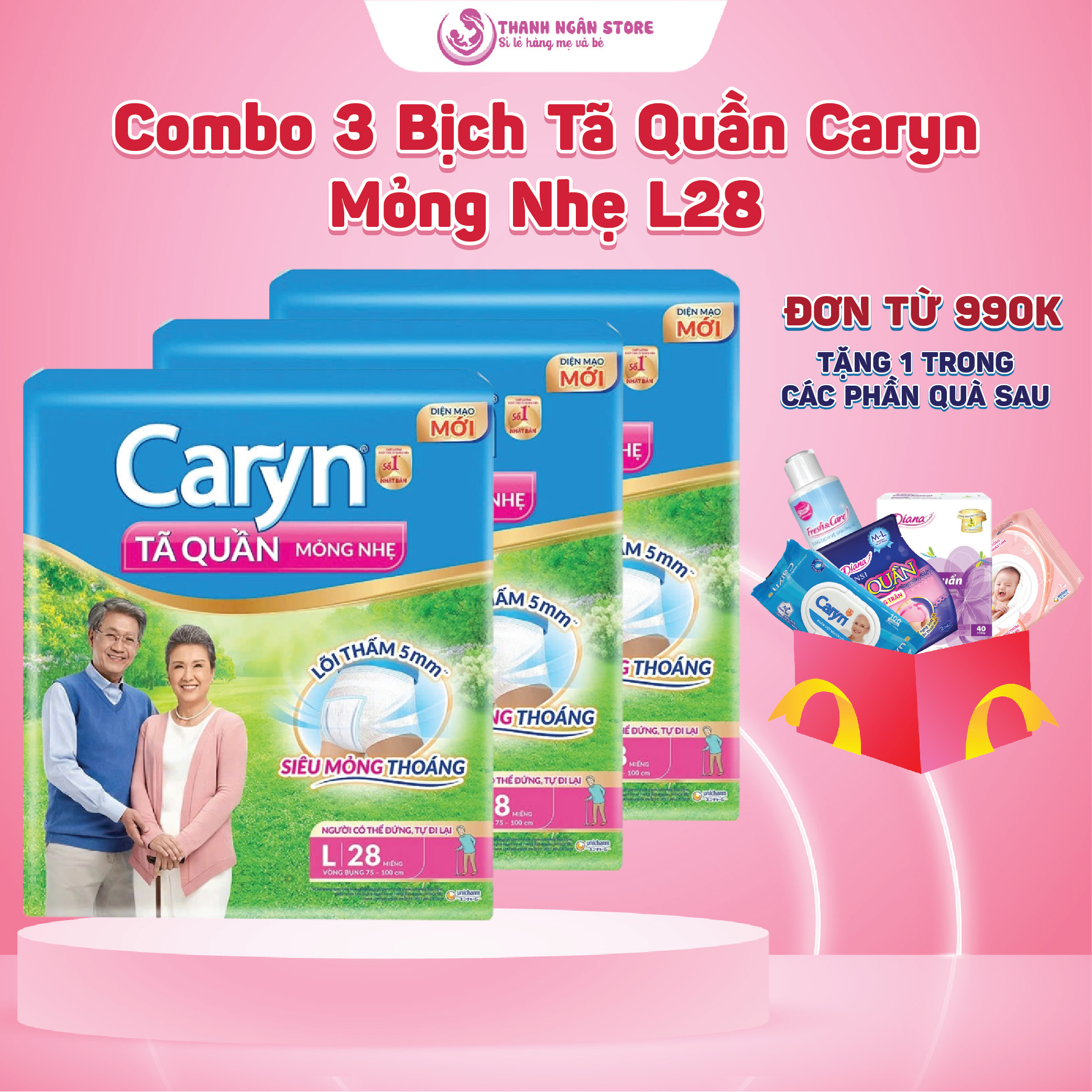 Combo 3 Bịch Tã Quần Caryn Mỏng Nhẹ Size L28 - Tã Quần Cho Người Hạn Chế Tự Chủ vấn Đề Bài Tiết - Thanh Ngân