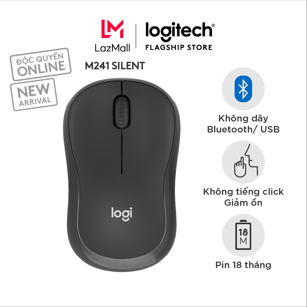 Chuột Bluetooth Logitech M241 Silent - Không dây Nhỏ gọn Tương thích Windows macOS