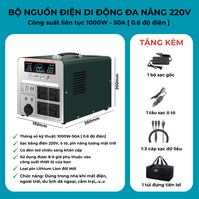 Trạm sạc dự phòng di động - nguồn điện di động du lịch dã ngoại 1000W - 500.000mAh sạc nhanh-nguồn r