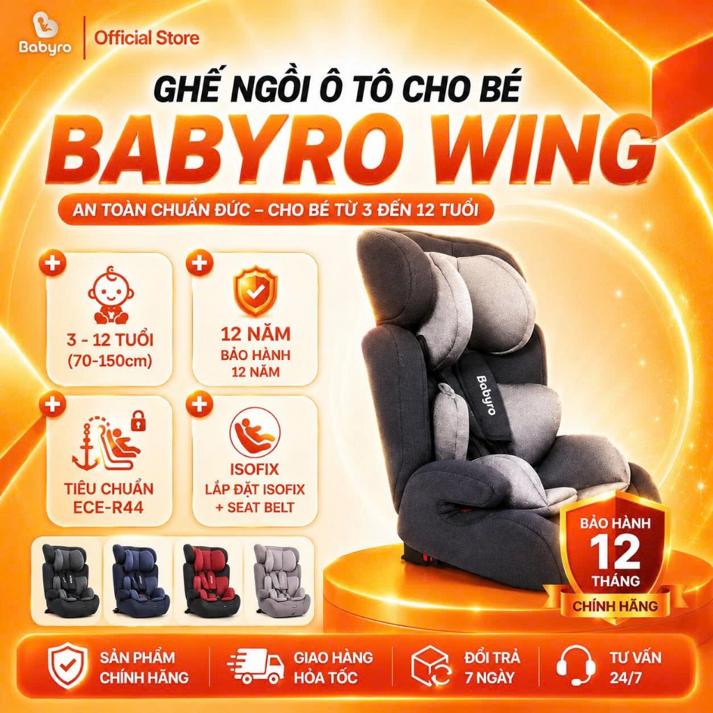 Ghế Ngồi Ô Tô Cho Bé Babyro Wing ISOFIX Gấp Gọn Cho Bé 3-12 Tuổi Bảo Hành 12 Năm