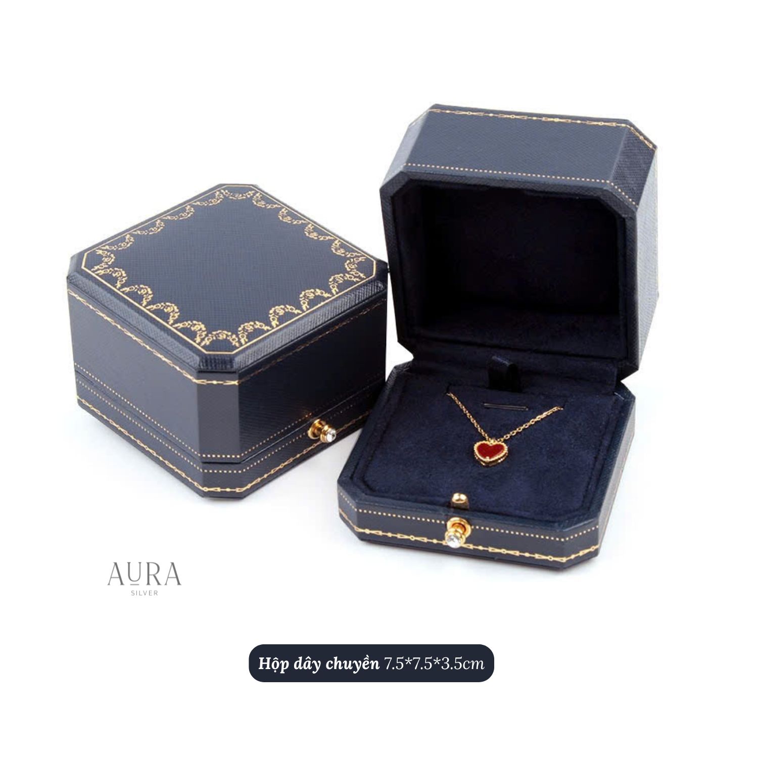Hộp đựng nhẫn đôi hộp quà tặng nhẫn cầu hôn lót nhung sang trọng-Aura Silver-HNCH xanh
