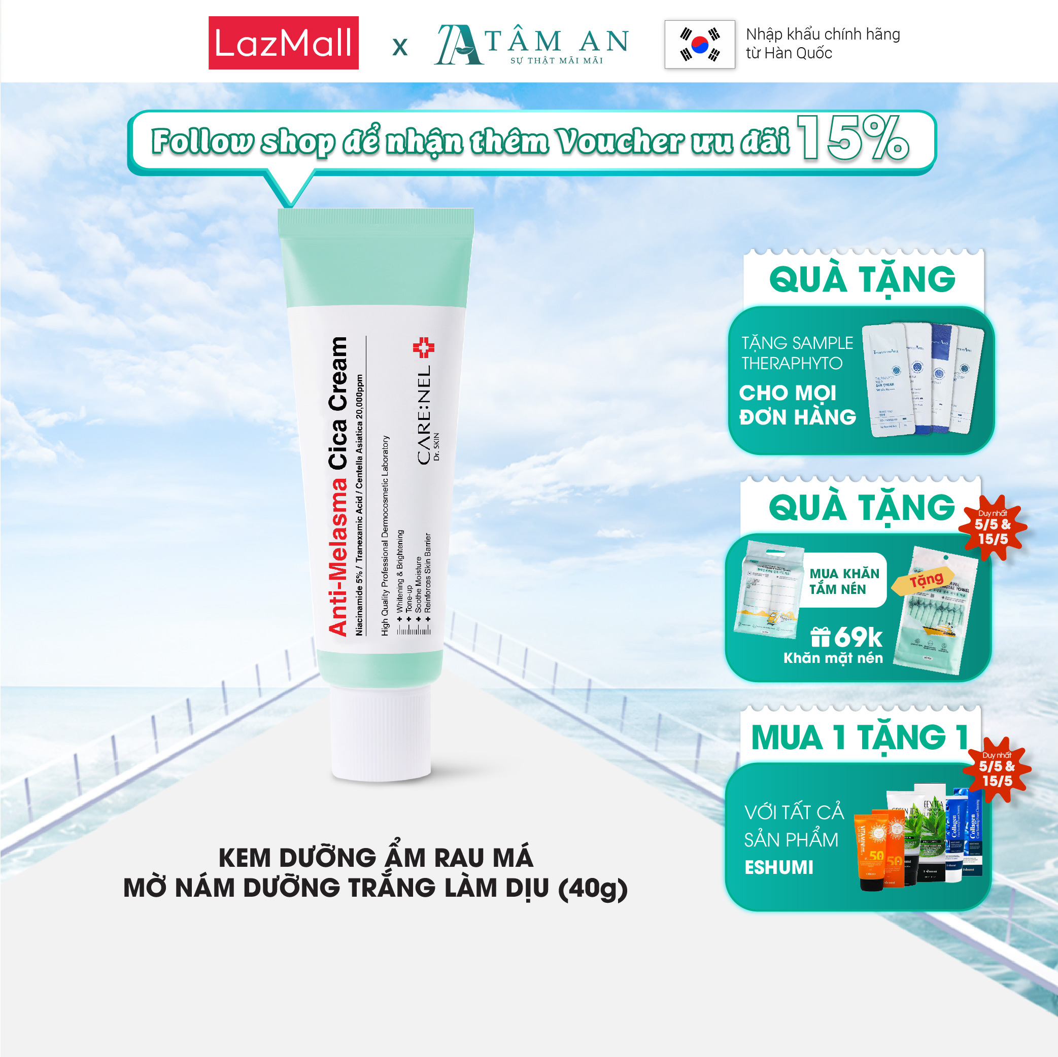 Minisize tinh chất dưỡng serum Carenel Hyaluvita B5 Cica Serum và kem dưỡng ngừa nám Anti-Melasma Cica Cream 24ml
