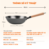 Chảo gang La gourmet Nitrigan 24cm lòng sâu đúc nguyên khối chống dính tự nhiên sử dụng bếp từ an toàn sức khỏe không phủ lớp chống dính chính hãng THƯƠNG HIỆU MỸ và SINGAPORE -