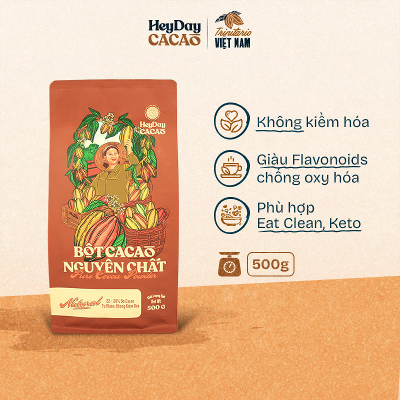 Túi 500g Bột cacao nguyên chất Việt Nam tự nhiên không đường - Dòng Natural 22%-24% bơ cacao tự nhiên - Không kiềm hoá - Hỗ trợ giảm cân bền cơ keto hiệu quả - Vị socola tự nhiên thơm nồng dễ uống