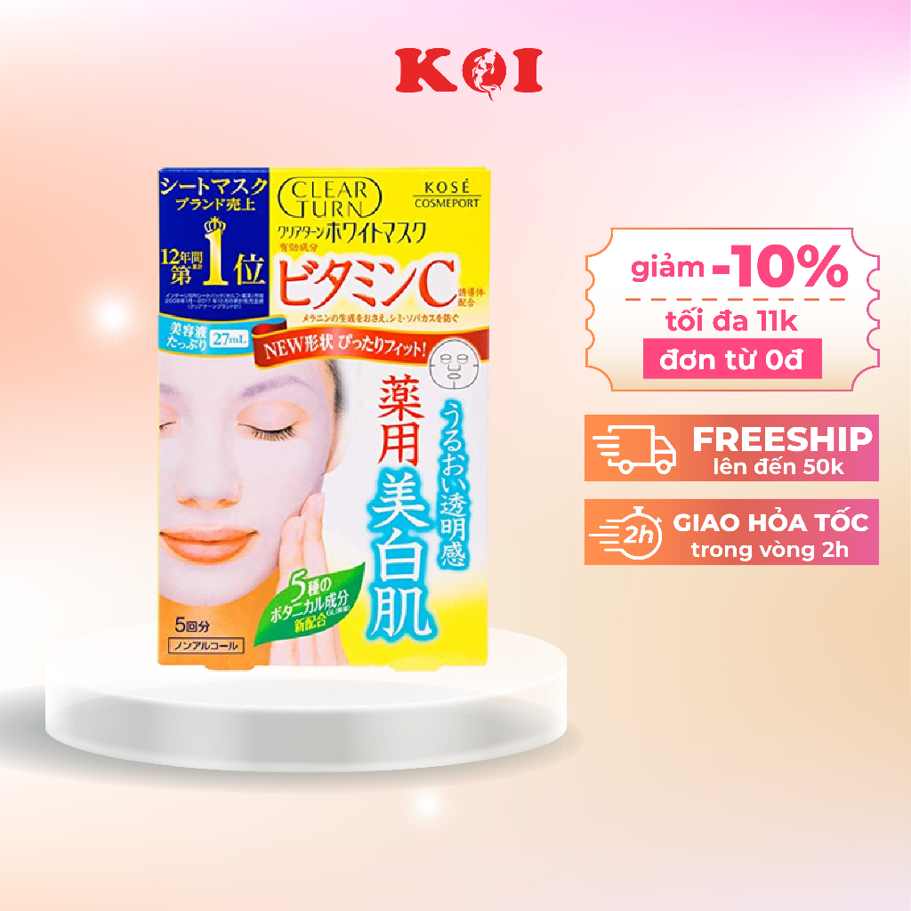 Mặt nạ tinh chất Kose Clear Turn dưỡng trắng và nâng cơ da Vitamin C và Collagen 5 mếng Nhật Bản