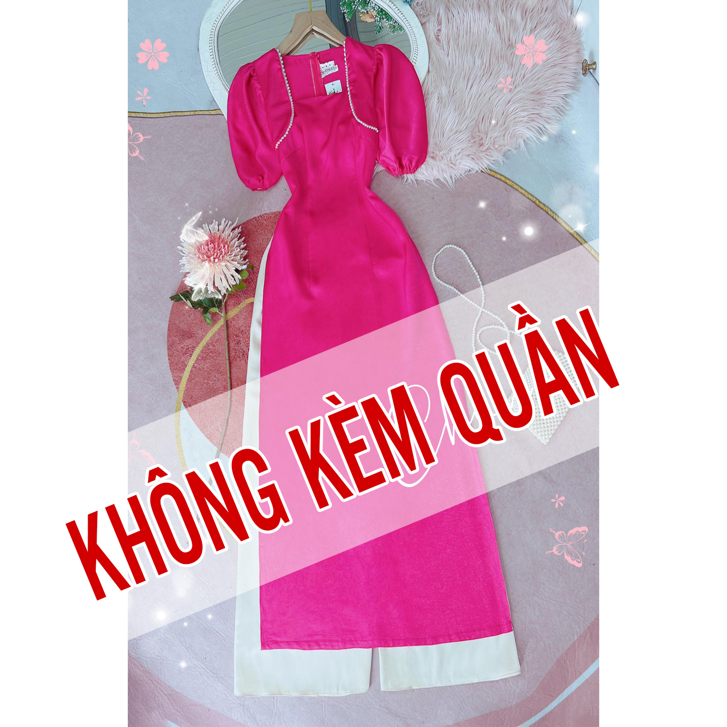 Áo dài cách tân nữ tay bồng cổ vuông đính ngọc CHUU AD8091 không kèm quần
