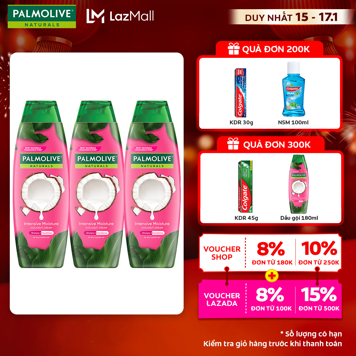 [Chỉ 15-17.1_Áp Voucher giảm thêm đến 23%]Bộ 3 Dầu gội Palmolive kèm xả 2-trong-1 chiết xuất thiên n