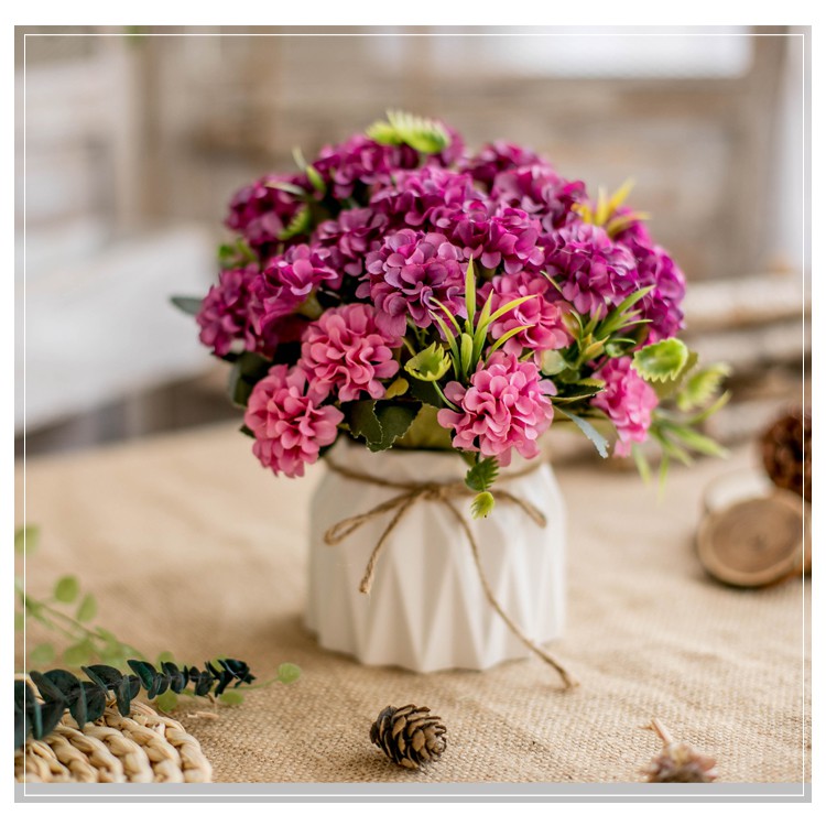 Hoa lụa chậu hoa giả mini cắm sẵn trong bình gốm sứ trang trí kệ tủ để bàn trà nhiều mẫu tùy chọn lọ hoa mẫu đơn cúc họa mi hồng trà tú cầu để bàn làm việc bàn học