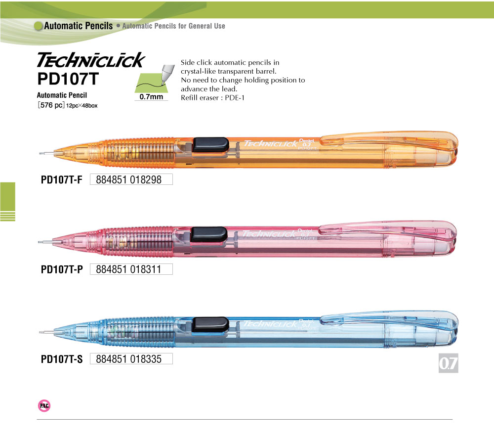 Bút Chì Kim Bấm Nhật Bản Pentel Techniclick Ngòi 0.7mm - PD107T - Thân Nhựa Màu/Trong Suốt - Nút Bấm Giữa Thân