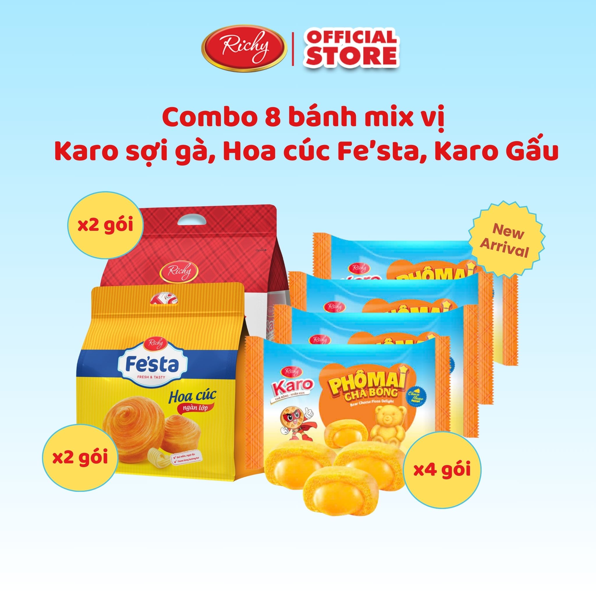 [NEW] Combo 8 bịch bánh Karo Gấu chà bông phô mai mix vị 2 bịch Karo sợi gà 2 bịch Bánh mì hoa cúc 4