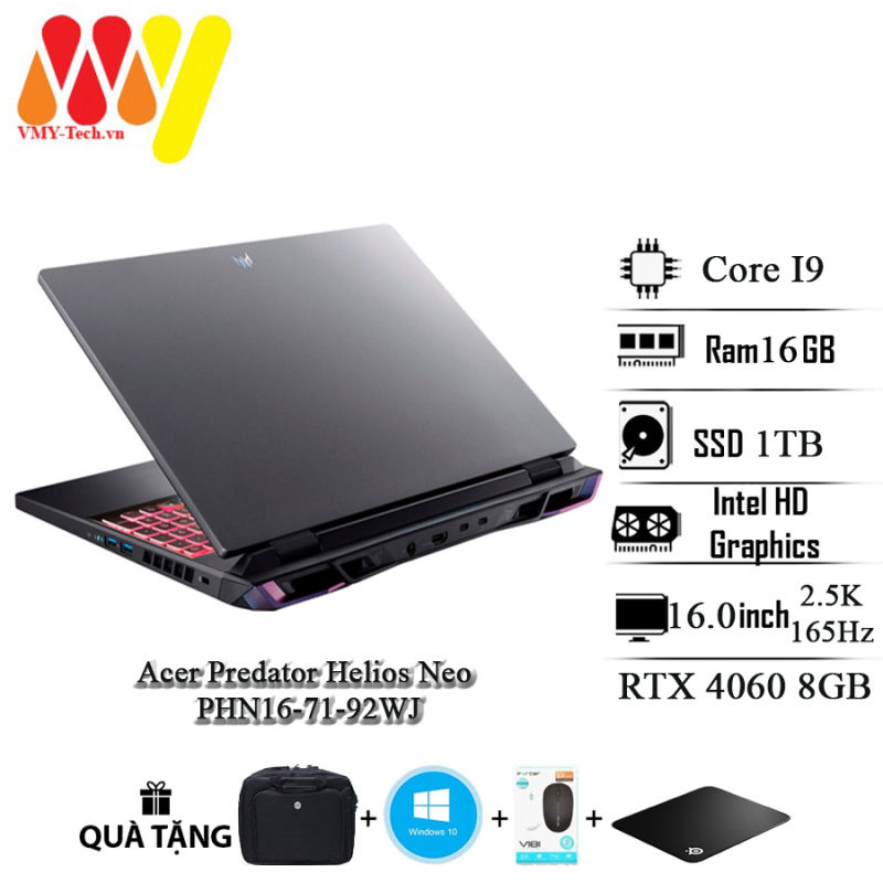 Acer Predator Helios Neo PHN16-71-92WJ Core i9-13900Hx Ram 16GB SSD 1TBRTX 4060 8GB 16inch 2.5k 165Hz Led RGB tặng kèm bộ quà tặng cao cấp