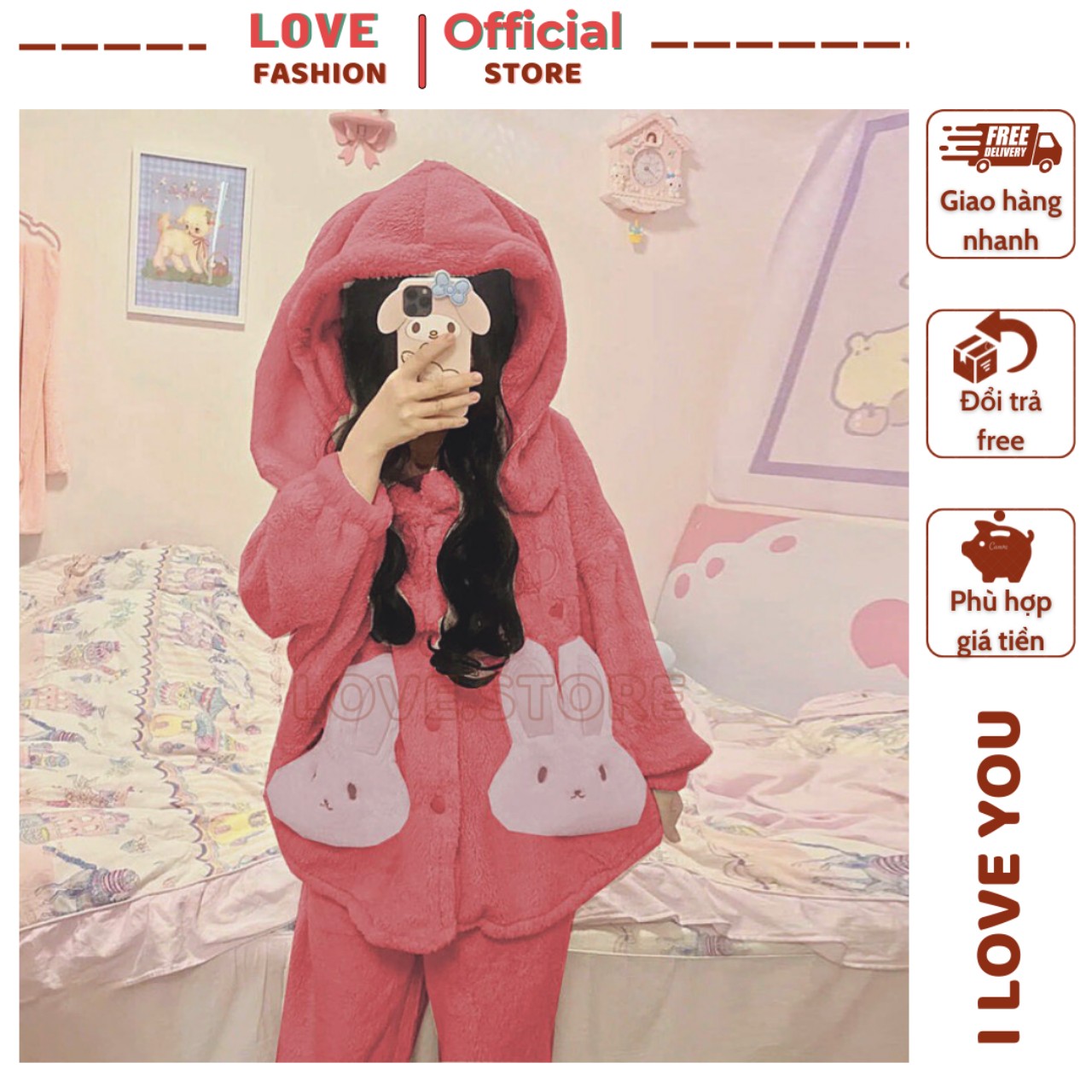 BỘ ĐÒ NGỦ LÔNG CỪU NỮ MÙA ĐÔNG TAI THỎ HỒNG MỀM MỊN SIÊU ẤM set bộ ngủ hàn quốc áo lông cừu  quần ló
