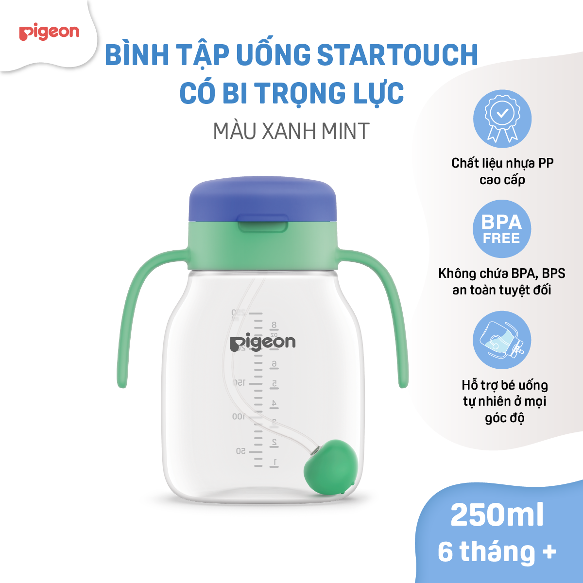 Bình tập hút tập uống nước cho bé Pigeon PP cao cấp chống sặc có ống hút bi trọng lực 250ml