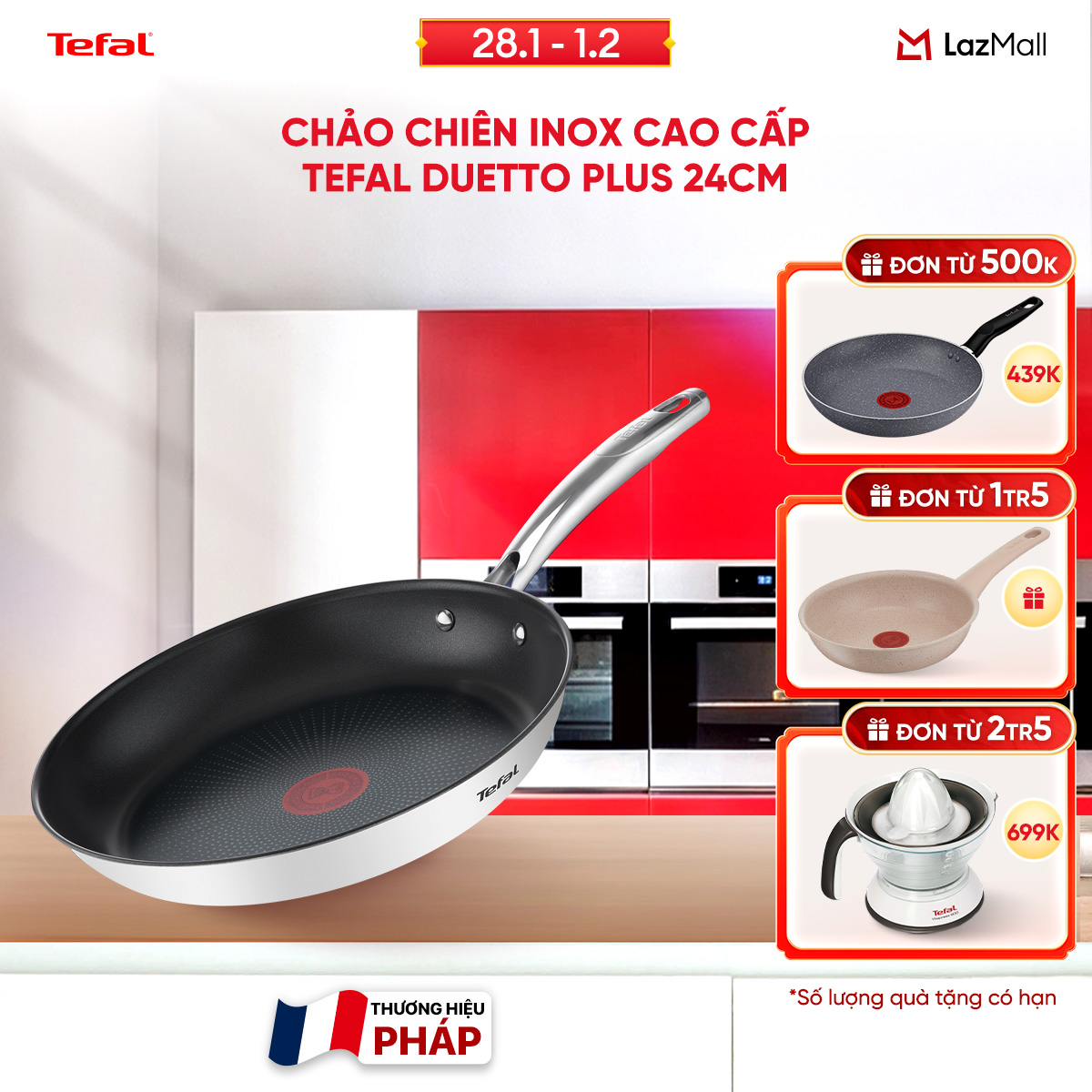 [SIÊU SALE TẾT 15.1 - 10.2] Chảo chiên Inox 18/10 cao cấp Tefal Duetto Plus 24cm